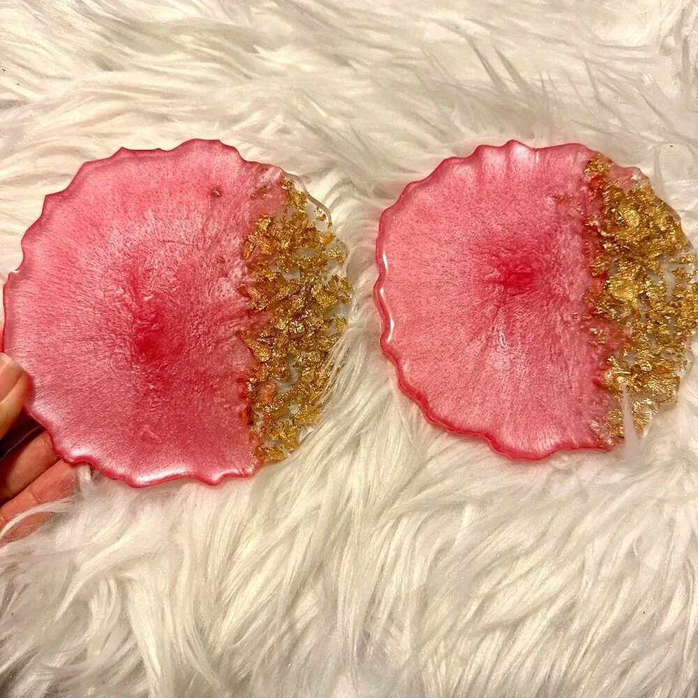 2-Piece Handmade Pink & Gold Resin Agate Coasters Glam Glitter Gift Home Decor